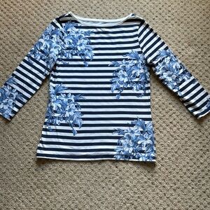 Talbots Navy and White Striped 3/4 length Sleeve Tee with Blue Floral Size Small
